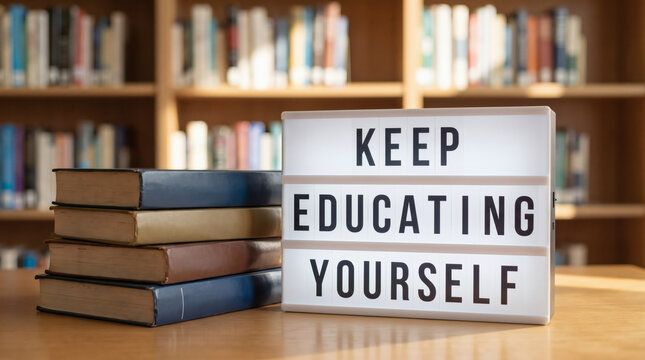 light box with keep educating yourself message beside stack of university textbooks on table against library shelf clean bokeh background photorealistic study concept