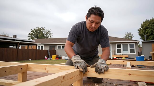 Man kneeling on a wooden deck while assembling a timber frame structure