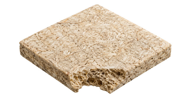 Compressed wood particle board sample with bite mark isolated
