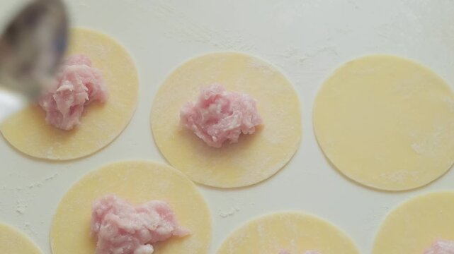 girl is placing meat filling into dumpling dough