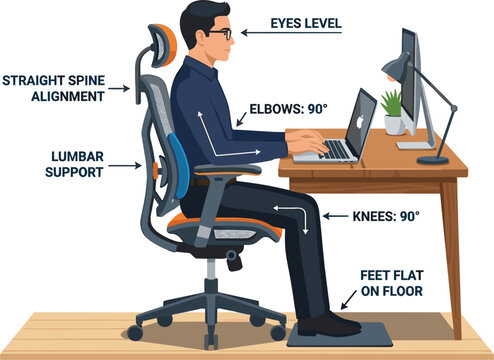 Ergonomic office posture infographics vector illustration featuring businessman sitting correctly at desk with laptop lumbar support chair isolated on white background
