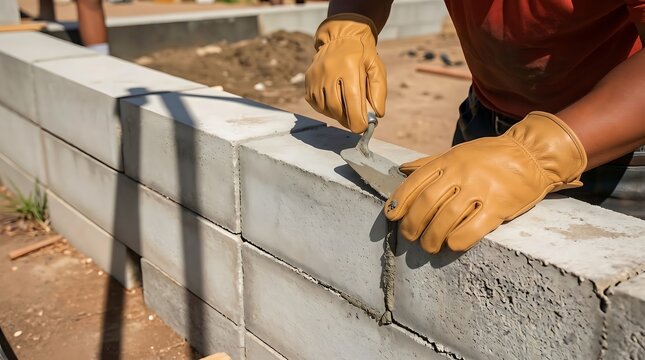 Construction worker applying mortar to concrete blocks on a building site