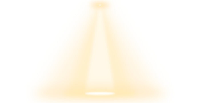 Bright golden spotlight beam forming a triangular shape with soft glowing edges and a warm radiating light effect isolated on a transparent background