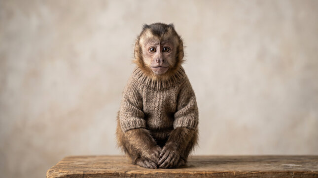 Capuchin monkey sitting on a wooden surface wearing a knitted sweater  