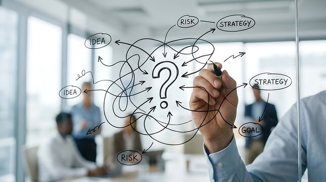 Business professional drawing a complex problem solving diagram on a glass wall in the office.