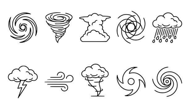 Hand drawn weather symbol collection featuring tornadoes, hurricanes, clouds, rain, lightning, wind, snow, and swirling storm patterns