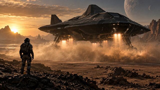 Astronaut Watching a Black Stealth Spacecraft Land on an Alien Desert at Sunset