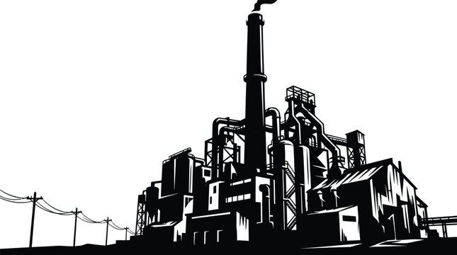 Industrial factory and manufacturing plant vector illustration with heavy machinery, power plant, and smoke chimney vector file