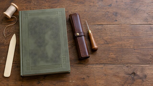 Vintage book with traditional bookbinding tools on wooden table