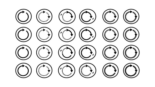 Circular Arrow Refresh and Loading Buffering Icon Set with Black Dotted and Solid Loops for Web Interfaces, Apps, and Digital Media Designs
