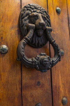 Antique Lion Head Door Knocker on Wooden Door in Marbella Spain