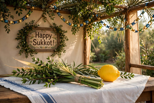 Rustic Sukkot Celebration in a Sunlit Outdoor Sukkah with Lulav, Etrog, and Natural Greenery  