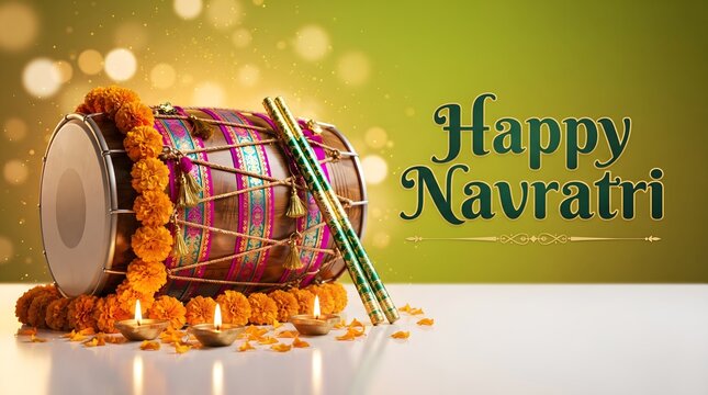 Happy Navratri greeting banner with colorful dhol drum wrapped in marigold garland, dandiya sticks and scattered petals on glossy white surface with olive green bokeh background