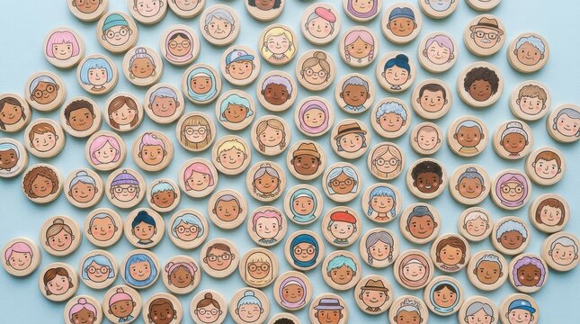 Diverse People Avatars on Wooden Tokens, Multicultural Community and Inclusion Concept, Hand Drawn Faces Illustration