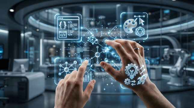Hands Interacting with Futuristic UI Hologram in Tech Laboratory