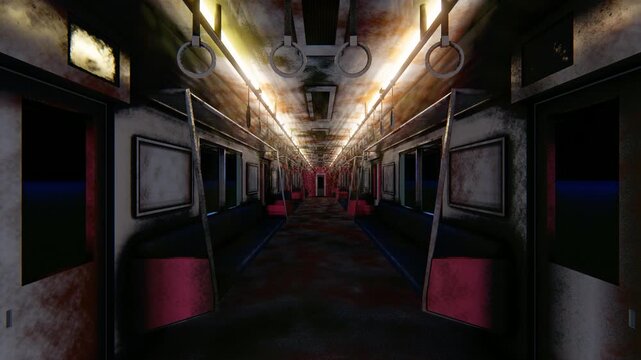 廃墟化した恐怖の電車内、錆びた車両の3DCGホラーアニメーション