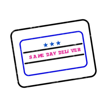 A blue rubber stamp icon with pink text reading same day deliver