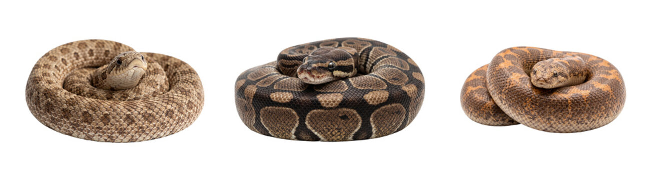 Hognose ball python and sand boa isolated on transparent background coiled snakes for reptile biology study herpetology science and educational design.