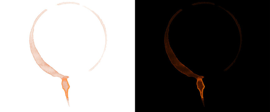 Coffee Cup Stain Ring with Drip Isolated on White and Black Background