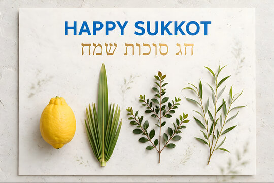 Sukkot Holiday Greeting with Etrog, Lulav, Hadas, and Aravot on Marble Background with English and Hebrew Text  