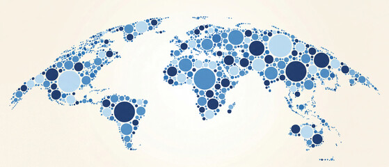 Blue circles world map on cream background. Curved Earth continents of overlapping bubbles in big and small sizes, navy and light blue dots, abstract mosaic for geography and global network © Vector Design