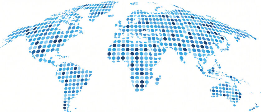 Blue halftone dotted world map in curved arched perspective. Round polka dot Earth continents in light and dark blue shades, abstract mosaic silhouette for geography, global business and travel