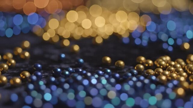 Abstract macro shot of golden, blue, and orange beads arranged with bokeh effect against a dark backdrop