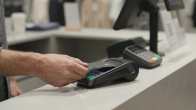 Customer making a contactless payment with a credit card at a retail store checkout terminal