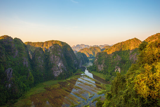 Amazing panorama view of limestone rocks  from Hang Mua Mountain.  Ninh Binh Province, Vietnam.