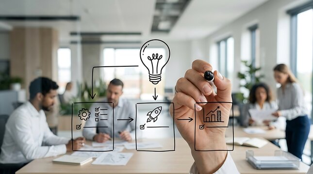 Business professional drawing a creative strategy flowchart on a glass wall in the office.