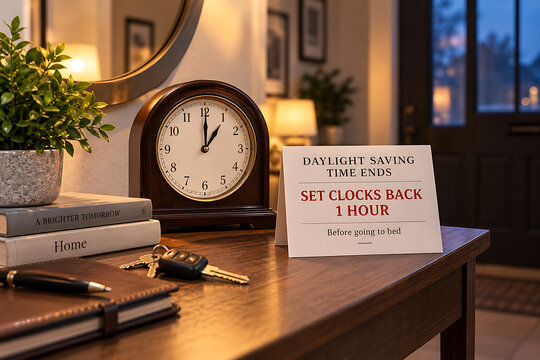 Vintage mantle clock and instruction note regarding daylight saving time ends on wooden desk with time change clock set fall back reminder note time adjustment home interior autumn season