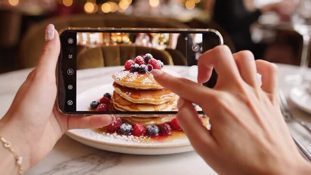 Person using a mobile device to capture a close up of delicious pancakes with fresh berries and syrup at a restaurant during a cozy dining experience