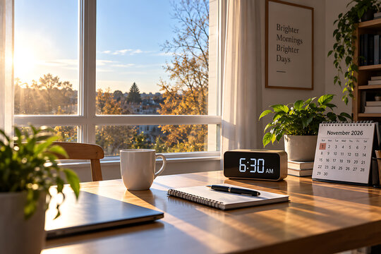 Wooden desk with a digital alarm clock and calendar near a window during autumn morning calendar date morning sunlight home office daylight saving fall season time change desk organizer