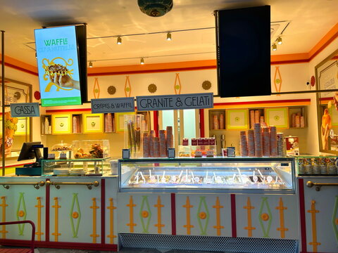 Palermo Italy May 2 2026 Gelateria showcase. Different types of ice cream, pistachio, tiramisu, chocolate. Italian ice cream in assortment. Traditional summer dessert.
