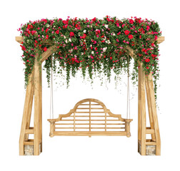 Obraz premium PNG Wooden swing with floral canopy and vibrant flowers.