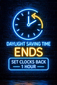 Neon sign flashing bright blue and yellow light announcing daylight saving time ends with time change fall back set clocks back glowing neon time adjustment clock icon seasonal change neon art