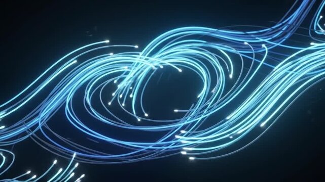 abstract glowing fiber optic cable lines swirling on dark background