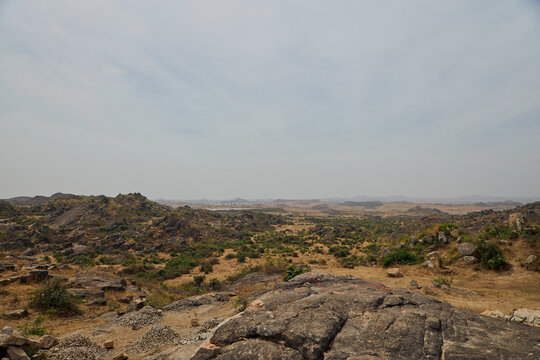 View of the rocky landscape and rugged terrain in Kuru, Plateau, Nigeria.