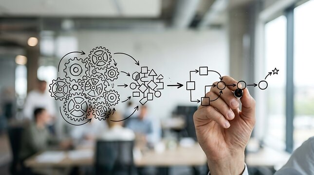Business professional drawing a complex workflow diagram on a transparent glass board in office.