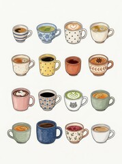 Obraz premium Hand-Drawn Collection of Coffee and Tea Mugs Illustration Set with Various Hot Beverages and Cute Patterns