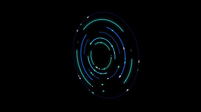 Abstract blue circular data streams rotating with subtle particle effects against a black void