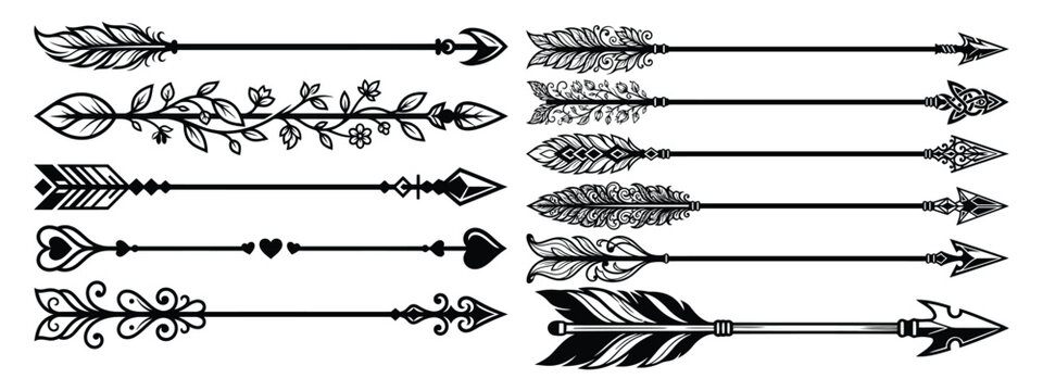 Tribal arrow silhouette collection set, ethnic bow weapon icons for bohemian and rustic design styles vector