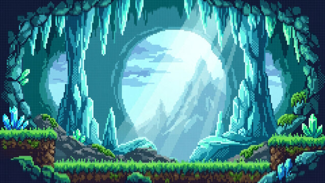 Mystical Ice Cave Pixel Art Landscape with Glowing Crystals and Mountain View, Fantasy Crystal Cave Pixel Art Background with Snowy Mountains and Circular Opening
