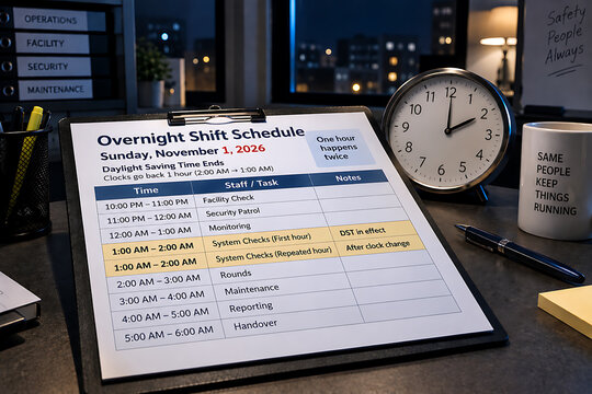 Overnight shift schedule document on a desk next to an analog clock at night with work schedule daylight saving time office desk time change work plan time adjustment fall back workplace desk