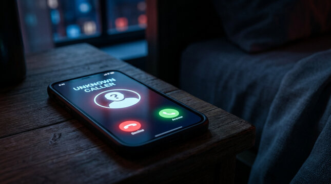 Smartphone screen showing unknown caller on nightstand at night