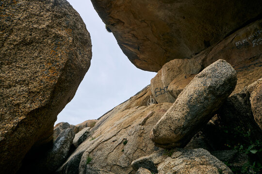 View of large granite rock formations and rugged boulders at Shere Hills, Plateau, Nigeria.