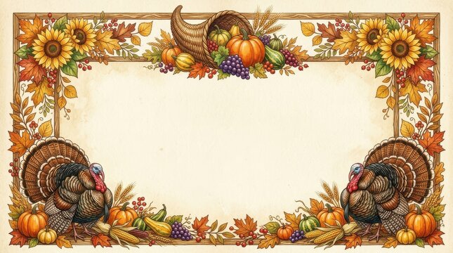 Vintage Thanksgiving Border with Cornucopia, Turkeys, Pumpkins, and Autumn Leaves for Holiday Greeting Cards