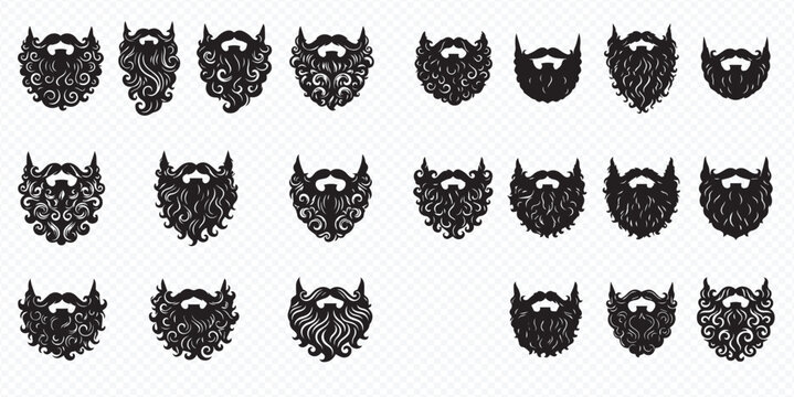 Collection of various beard and mustache styles, black silhouette on transparent background, vector illustration of facial hair for men's fashion and grooming.