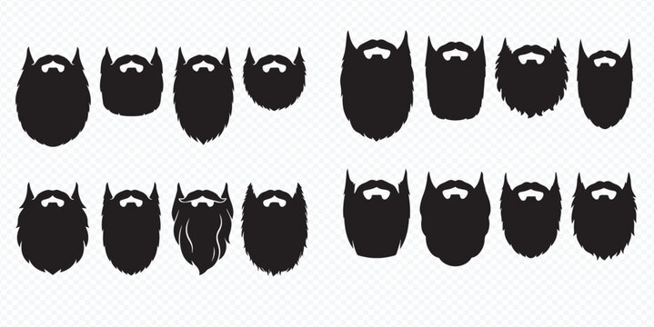 Collection of various beard styles and shapes for men, black silhouettes on white background.