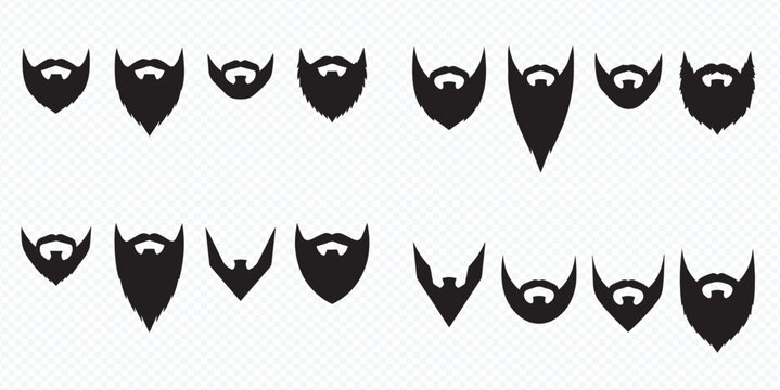 Set of various beard styles and shapes for men, black silhouettes on white background, fashion and grooming concept.